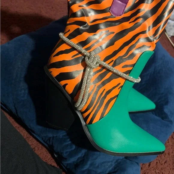 Green and Orange Striped Boots with Silver Accents - Picture 6 of 6